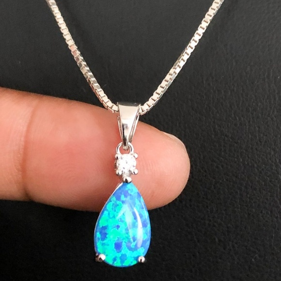 Sterling Silver Blue Opal CZ Necklace - Picture 2 of 8